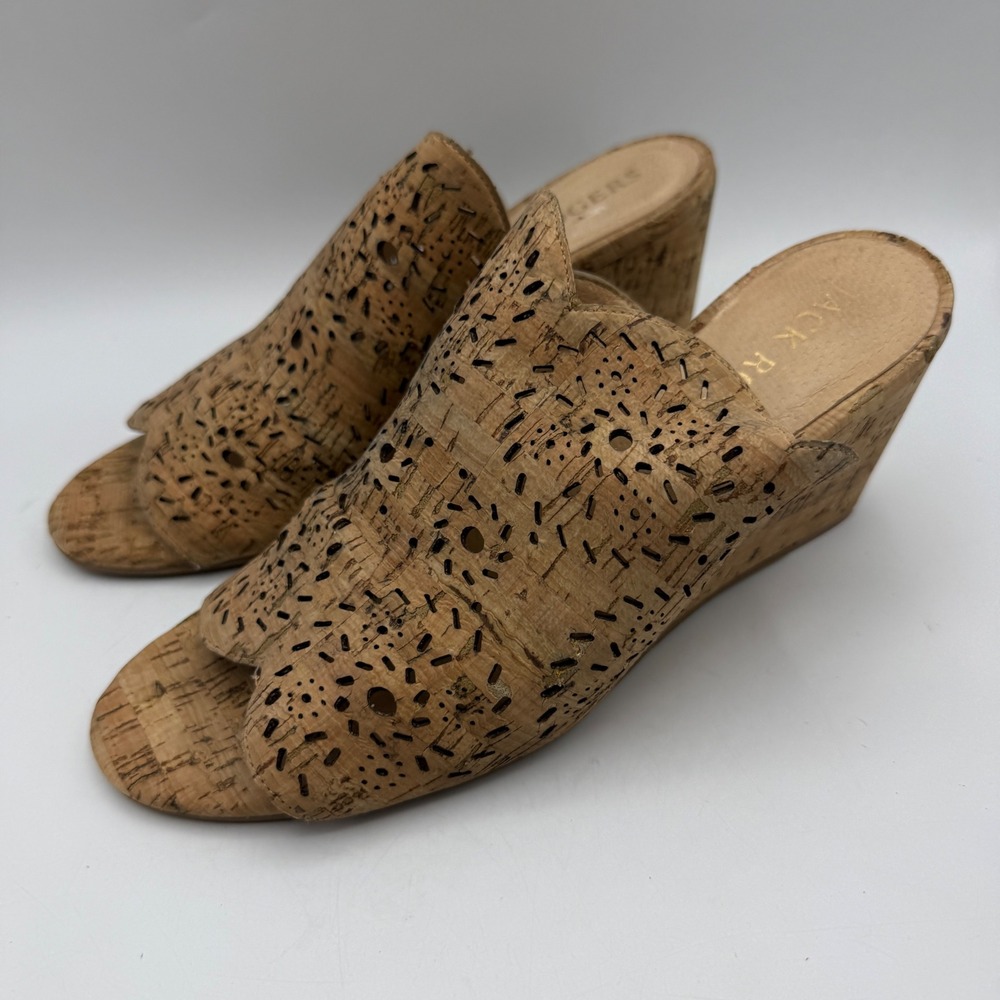 Jack Rogers Wedge Sandals Womens 8 Tan Cork Laser Cut Scalloped Peep Toe Mules